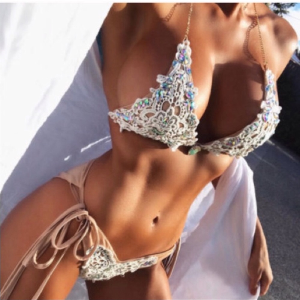 Nude lace & rhinestone bikini